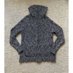 LL Bean Womens Sweater Full Zip Mock Neck‎ Cotton Knit Black White Sz Small Reg